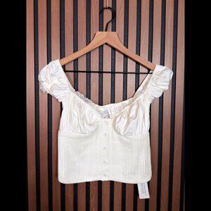 New With Jean Top Small White Ivory Babydoll Ruffled Button Front Lace Trim